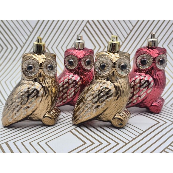 Lot of 4 Owl Christmas Ornaments Holiday Tree Decor Brown & Deep Red Glitter 3" - Picture 1 of 13